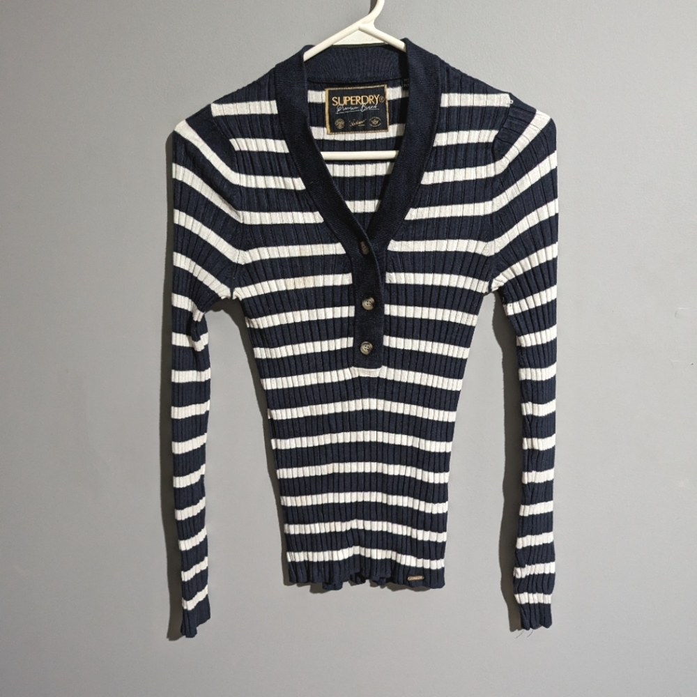 SuperDry navy striped V neck sweater size 6